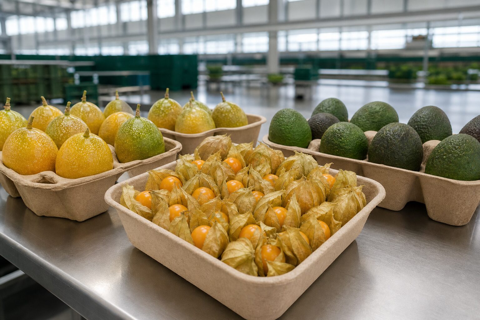 Empaques de fibra moldeada con fruta de exportación en planta agroindustrial