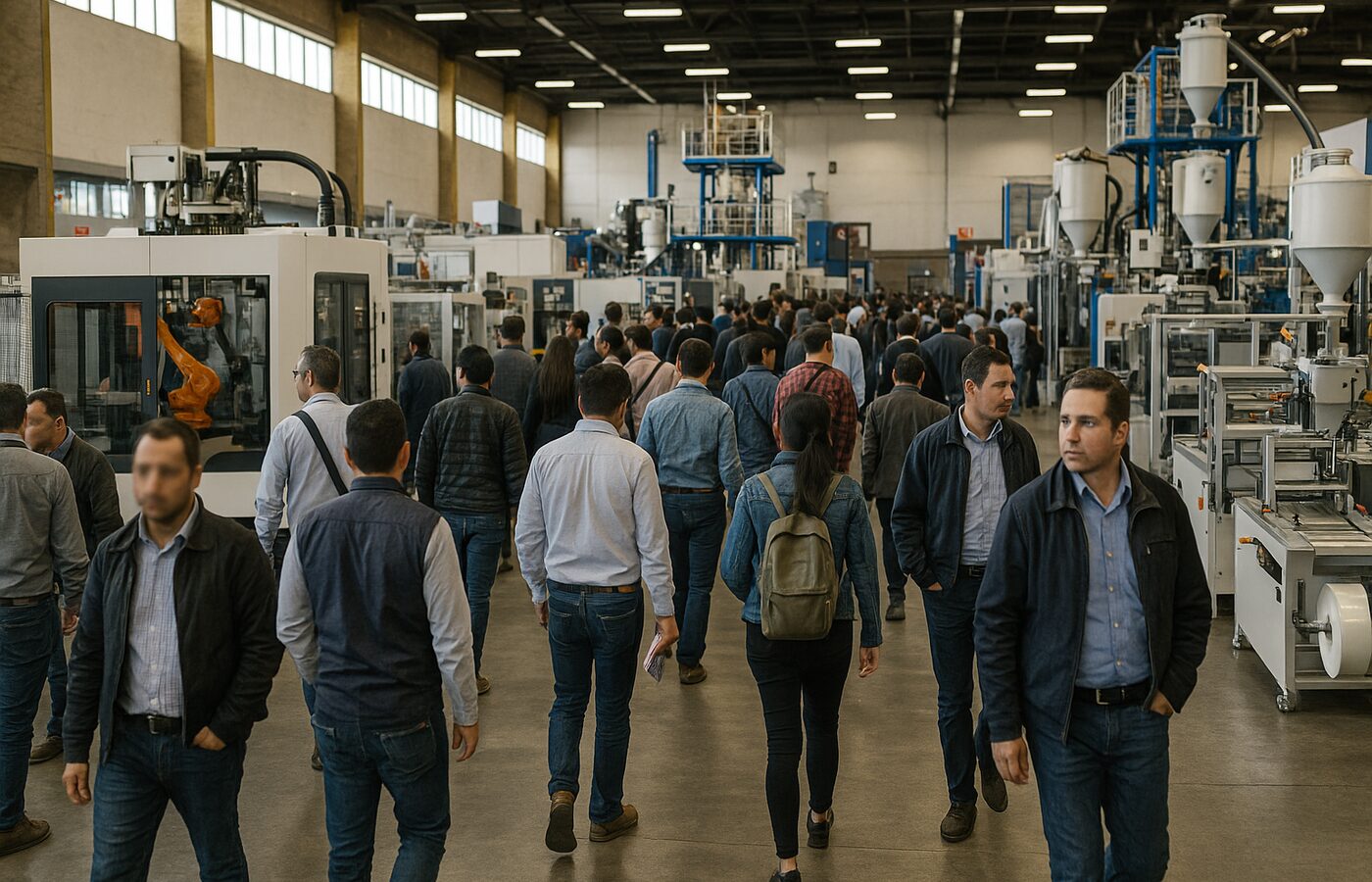 Visitantes recorriendo una feria de plásticos y empaques