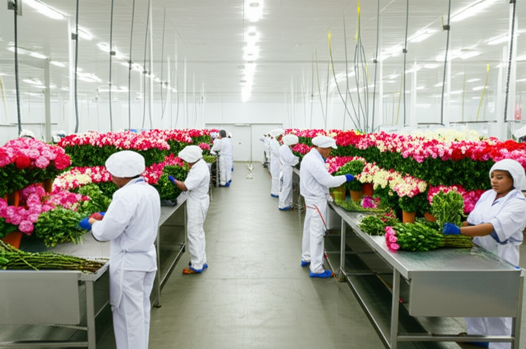 Clasificación y empaque de flores frescas en sala de poscosecha