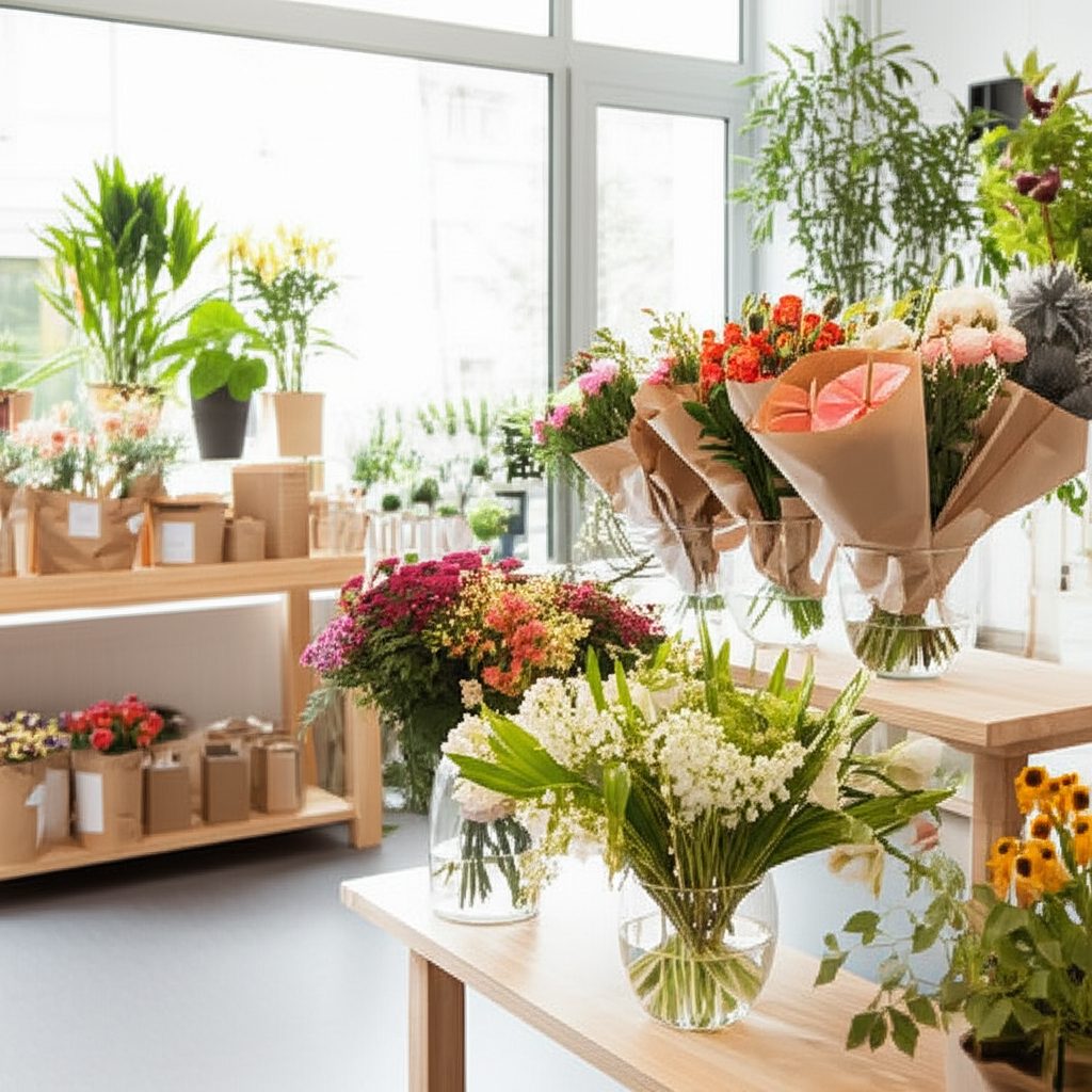 Tienda de flores con empaques sostenibles y arreglos florales